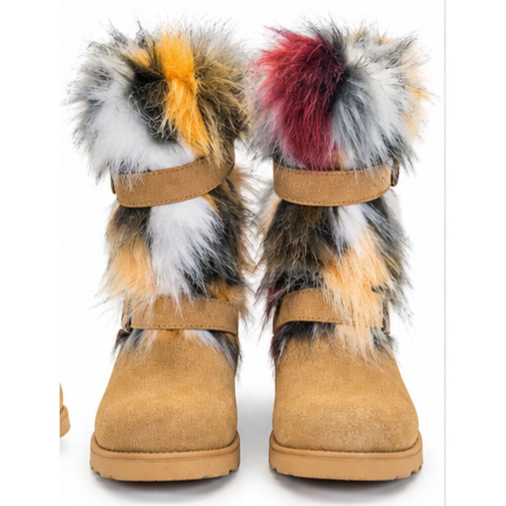 BEARPAW Sasha Women's Size 6 Tan Multicolor Faux Fur Suede Boots NWOT